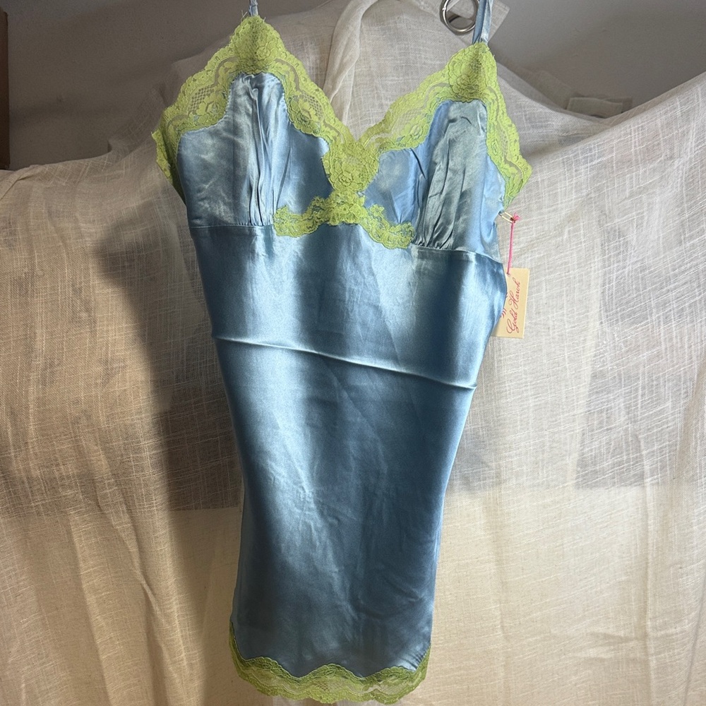 100% Silk Blue Chemise with Lime Lace Trim - NWT